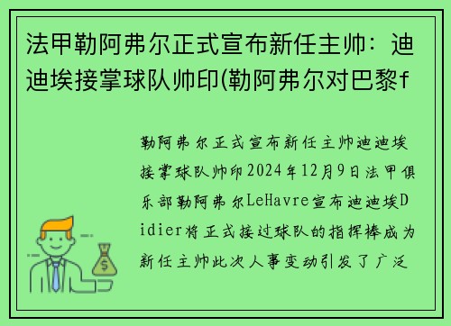 法甲勒阿弗尔正式宣布新任主帅：迪迪埃接掌球队帅印(勒阿弗尔对巴黎fc比赛结果)