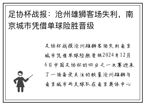 足协杯战报：沧州雄狮客场失利，南京城市凭借单球险胜晋级